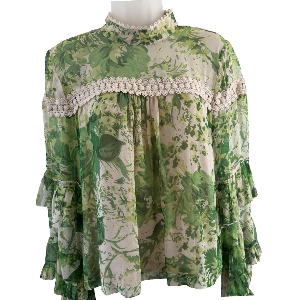 Hope For Flowers By Tracy Reese Angelina Peasant Blouse Womens 10 Green Silk - Picture 7 of 16